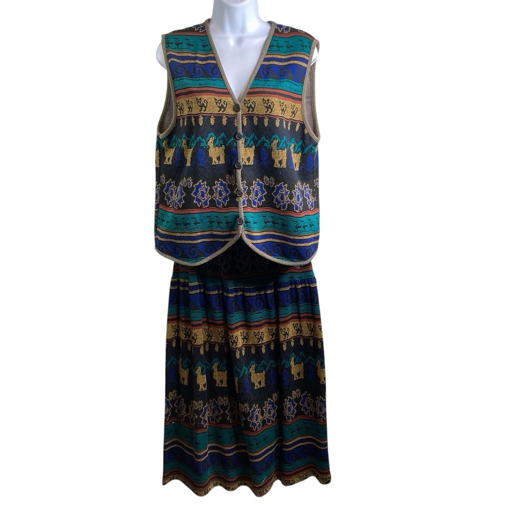 VTG 80s Melrose Knits By Christian De Castelnau Aztec Vest Skirt Set Size S/M